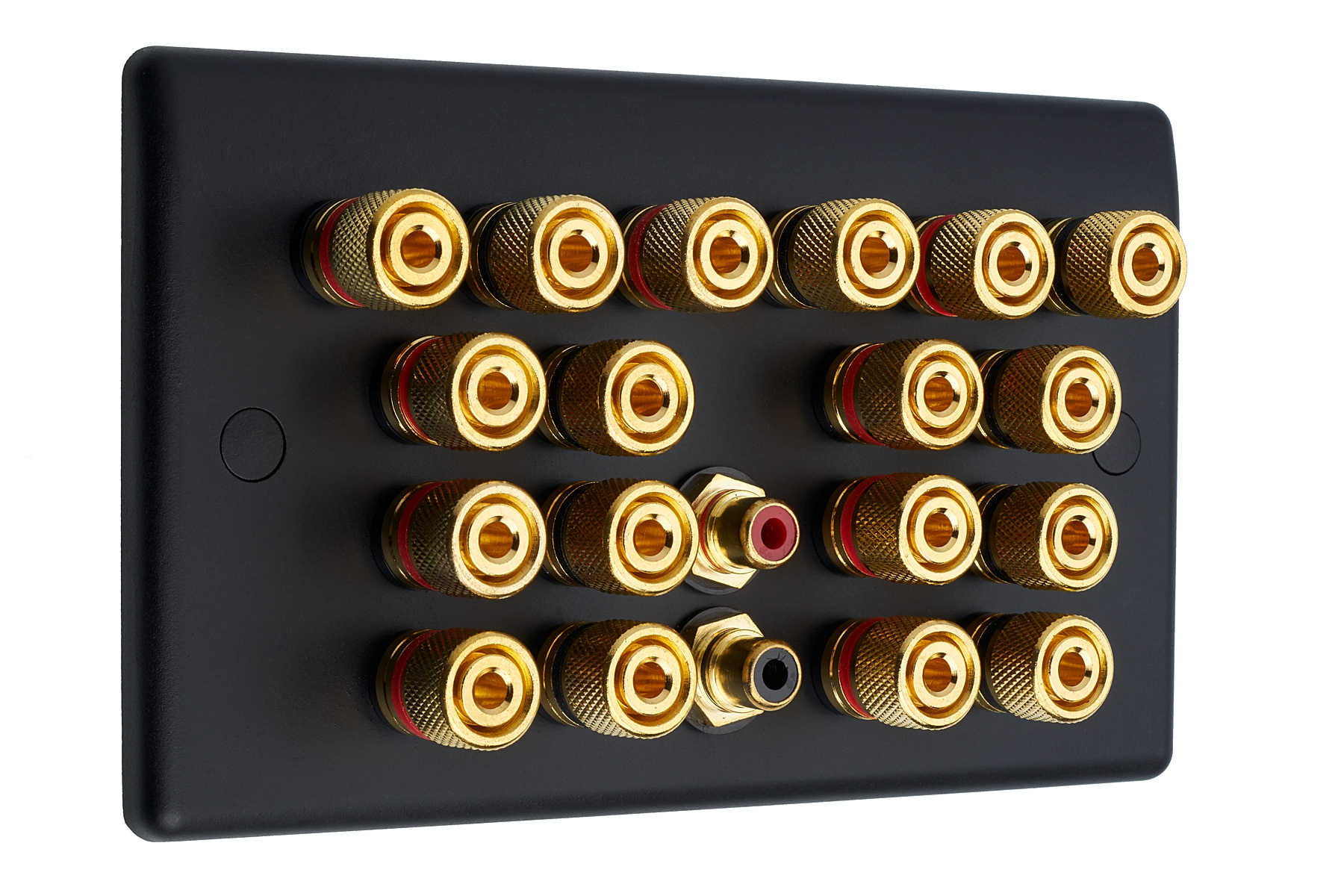 9.2 Matt Black Audio / AV Speaker Wall Face Plate 18 Gold Binding Posts